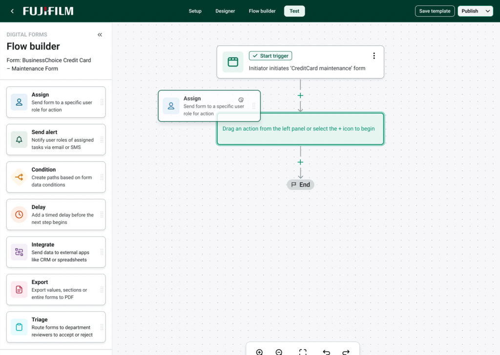Screenshot of the Flow Builder showing automated actions and routing logic such as Assign, Send alert, Condition and Integrate.