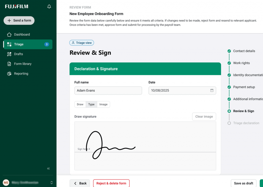 Screenshot showing esignatures and the approval process.