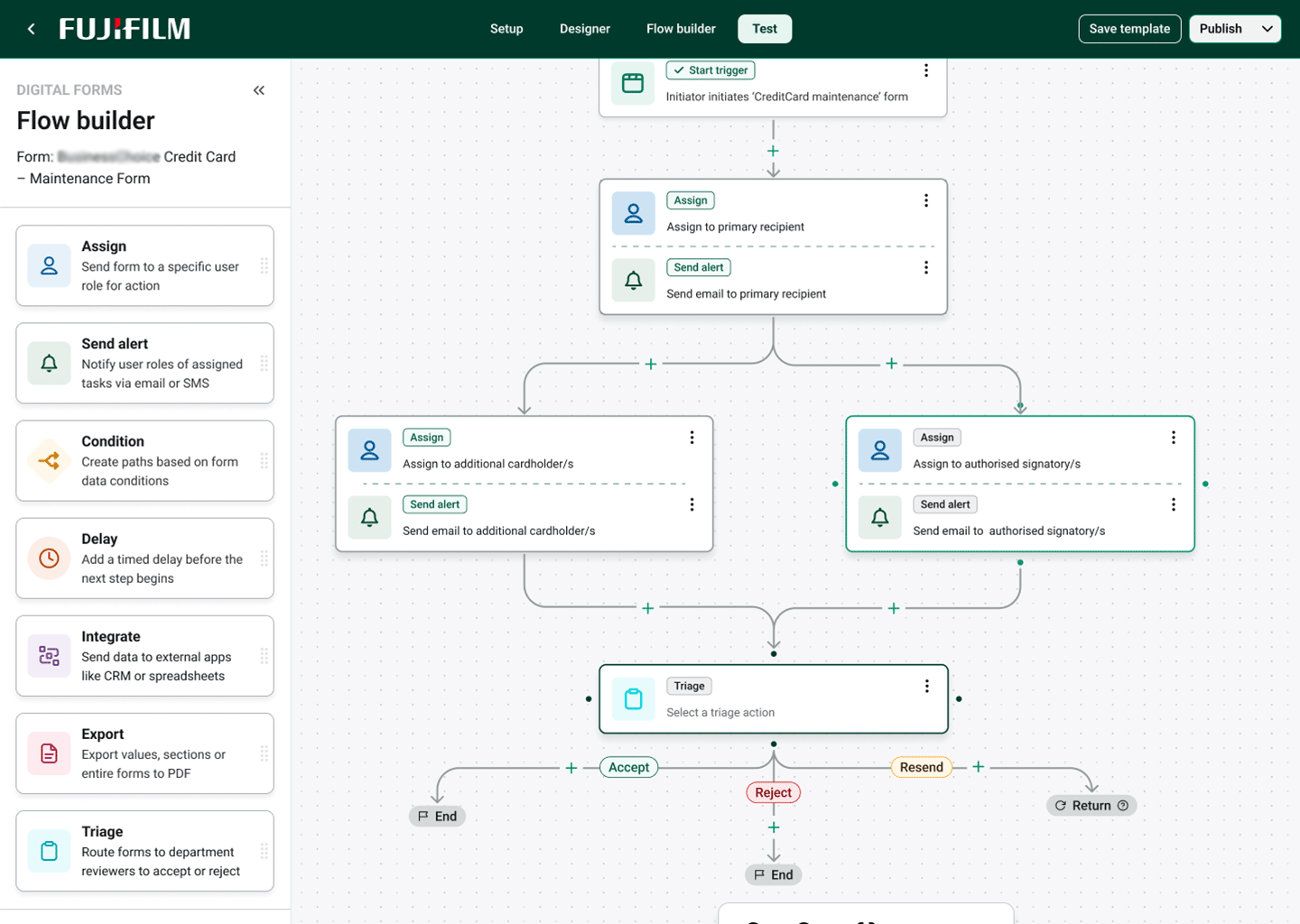 Screenshot of Fujifilm Digital Forms Flow Builder interface showing automated routing paths, approval steps and triage options for compliance tracking.