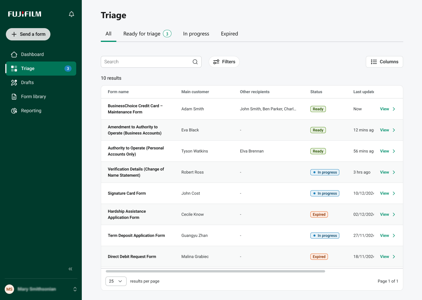Screenshot of Fujifilm Digital Forms triage dashboard showing form status, reviewers and audit tracking for completed submissions.