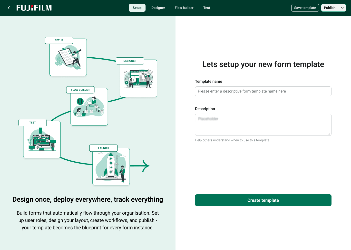Screenshot of Fujifilm Digital Forms template setup screen showing steps for Setup, Designer, Flow Builder and Test with drag-and-drop form builder.